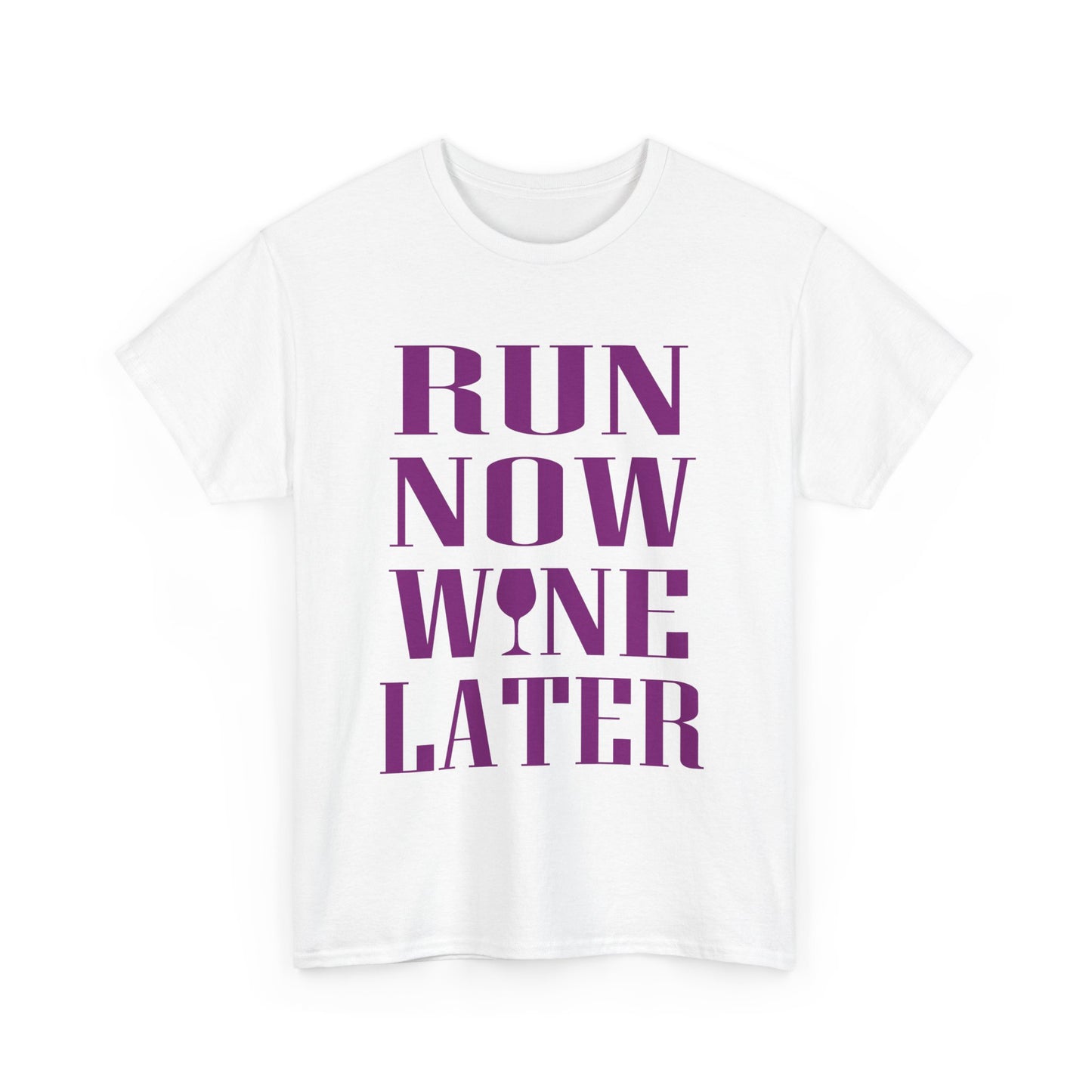 Stylish white women's t-shirt showcasing the motivational quote 'RUN NOW WINE LATER' in bold purple letters with a wine glass graphic, ideal for fitness enthusiasts.