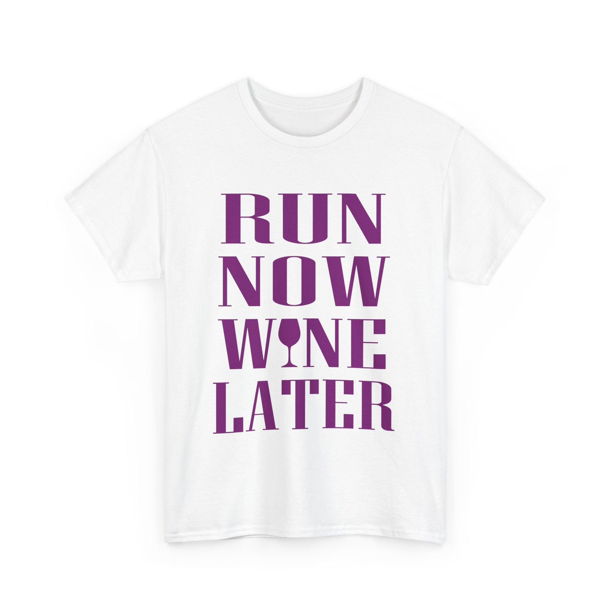 Stylish white women's t-shirt showcasing the motivational quote 'RUN NOW WINE LATER' in bold purple letters with a wine glass graphic, ideal for fitness enthusiasts.