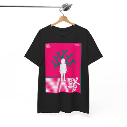 Elegant Squid Game graphic t-shirt hanging, showcasing striking pink and green artwork. A must-have for avant-garde style enthusiasts.