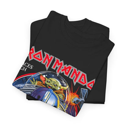 Premium folded Iron Mando Graphic Tee in black, adorned with captivating Mandalorian design, an essential piece for Star Wars collectors