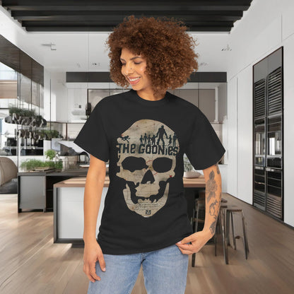 A stylish model wearing The Goonies Graphic T-Shirt Urban Unisex Cotton Tee in classic black, adorned with a sophisticated skull graphic, ideal for casual yet chic outings.
