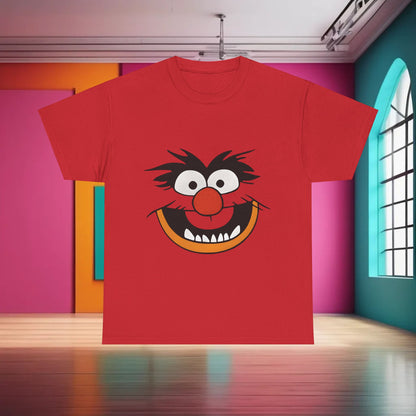 The Muppets Animal Graphic T-Shirt displayed indoors featuring a vibrant graphic print of Animal's face on a luxurious red cotton fabric, perfect for stylish urban streetwear.
