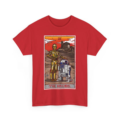 The Droids Tarot Card Graphic T-Shirt Urban Unisex Cotton Tee in vibrant red, highlighting the iconic duo C-3PO and R2-D2 against a dramatic desert landscape.