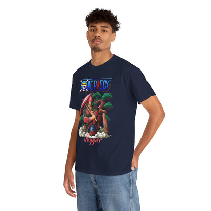 Stylish young man showcasing a luxurious navy blue t-shirt adorned with a vibrant illustration of Chopper from One Piece, embodying a blend of anime culture and high fashion.