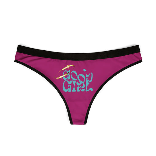 Chic Good Girl thong panties in bold magenta, embellished with playful cursive text and sophisticated black trim, perfectly capturing a blend of whimsy and elegance.