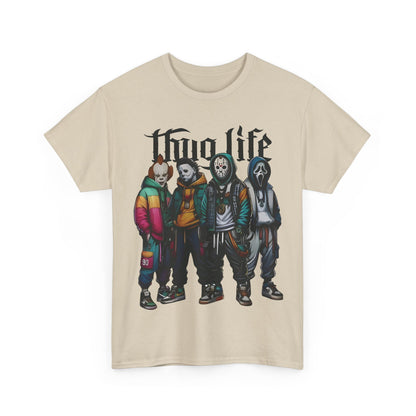 Thug Life Horror Characters Graphic T-Shirt displayed in an artistic setting, illustrating famous horror icons in trendy street style. A sophisticated cotton tee merging horror and high-end streetwear aesthetics.