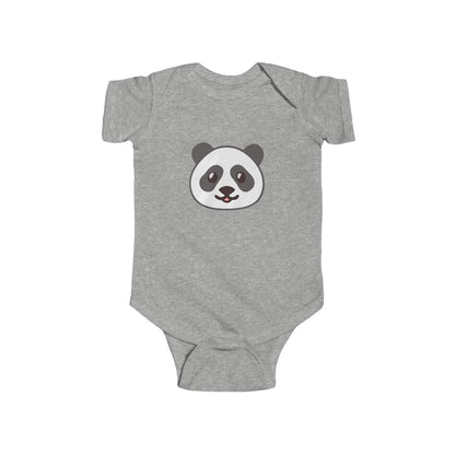 Panda Face Bodysuit, Infant Romper Suit in grey, showcasing an adorable panda face design on soft fabric, ideal for luxury baby clothing.