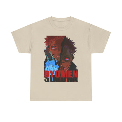 Chic Ryomen Sukuna anime t-shirt in beige, adorned with an eye-catching graphic design of dual characters, ideal for a fashionable statement.