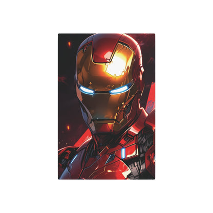 Marvel Iron Man Metal Art Poster showcasing a stunning depiction of Iron Man's helmet with intricate details and vibrant colours, perfect for high-quality UV-resistant wall decor in luxurious spaces.