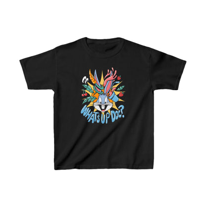 Unisex Kids Bugs Bunny Cotton T-Shirt Tee in black, featuring a whimsical graphic of Bugs Bunny with vibrant colors and the phrase 'What's Up Doc?' Ideal for adding a playful luxury touch to children's wardrobes.