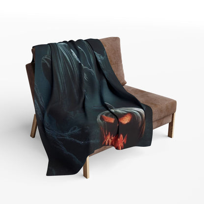 Chic Decorative and Warm Halloween Spooky Arctic Fleece Blanket draped over a stylish chair, presenting a stunning Halloween illustration with spectral elements and a radiant jack-o'-lantern, perfect for seasonal decoration.