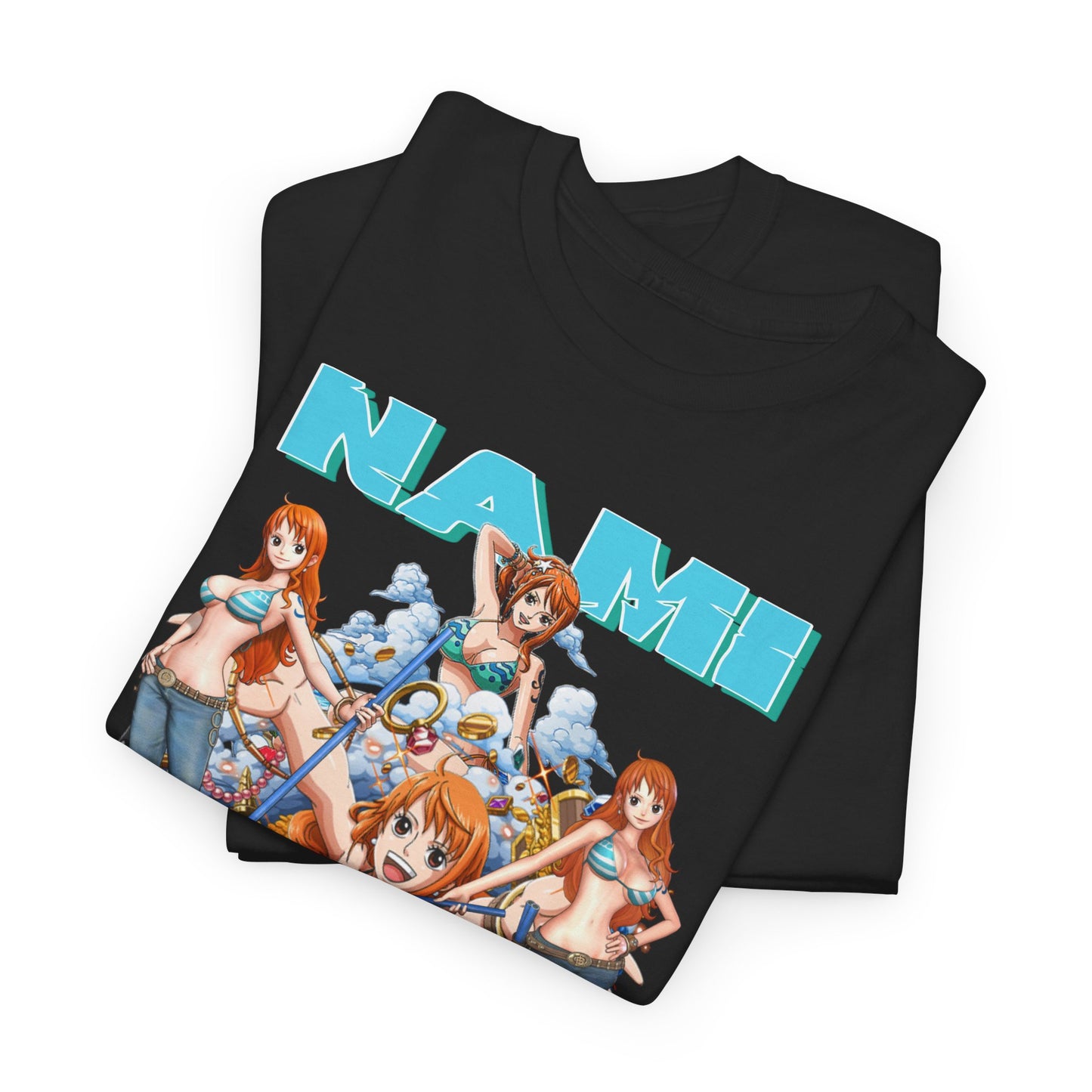 Elegant black folded t-shirts stacked, with a striking Nami graphic from One Piece prominently displaying the character in various poses, ideal for trendy anime fashion lovers.