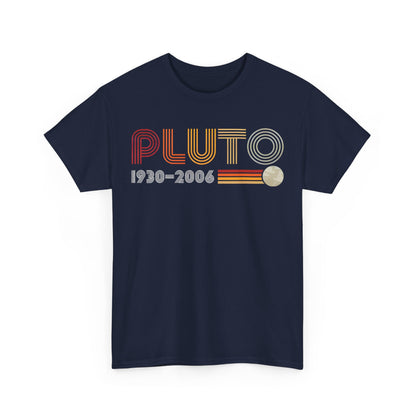 Front view of the PLUTO Retro Graphic Unisex T-Shirt, showcasing a vintage-inspired design with 'PLUTO 1930-2006' in vibrant retro colours against a navy background.
