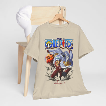 Stylish One Piece Akainu t-shirt draped over a chair, enhancing the rich anime artistry, perfect for fashionable expression among anime admirers.