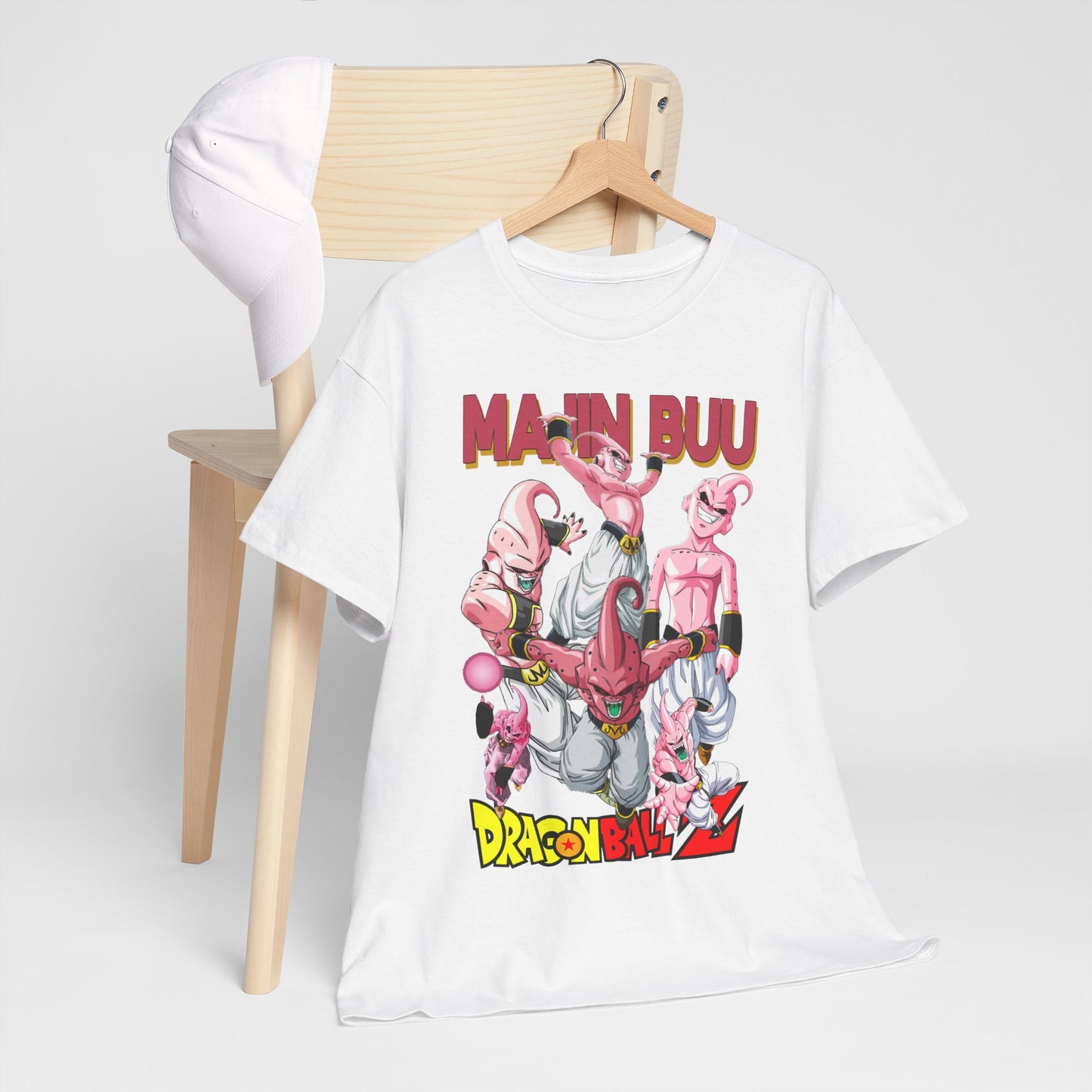 Stylishly displayed white T-shirt featuring an elaborate print of Majin Buu and Dragon Ball Z characters, designed with bold lettering, a luxurious addition to any anime-inspired attire.