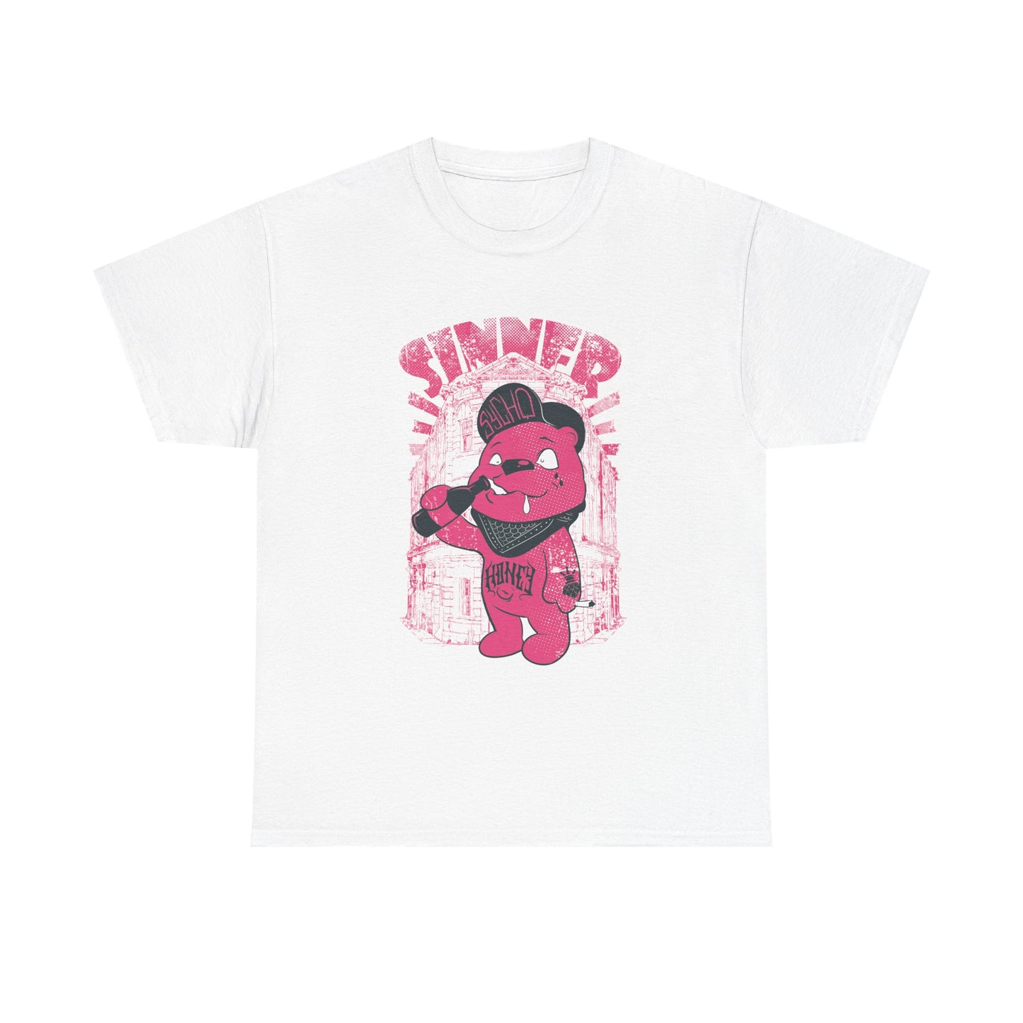 Luxurious Gangsta Bear Men's T-Shirt featuring vibrant pink urban graphic, showcasing a playful bear with a cap, microphone, and tattoo-style design against a distressed urban backdrop. Perfect statement piece for stylish streetwear enthusiasts.