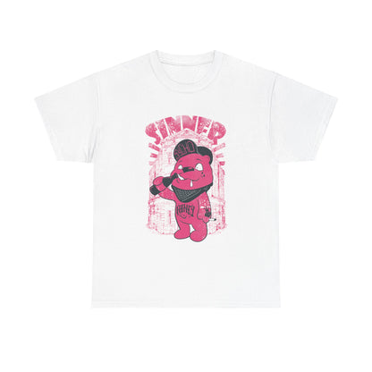 Luxurious Gangsta Bear Men's T-Shirt featuring vibrant pink urban graphic, showcasing a playful bear with a cap, microphone, and tattoo-style design against a distressed urban backdrop. Perfect statement piece for stylish streetwear enthusiasts.