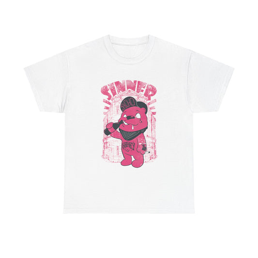 Luxurious Gangsta Bear Men's T-Shirt featuring vibrant pink urban graphic, showcasing a playful bear with a cap, microphone, and tattoo-style design against a distressed urban backdrop. Perfect statement piece for stylish streetwear enthusiasts.
