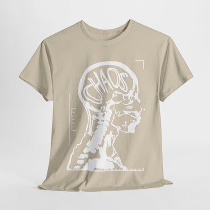 Elegant CHAOS Graphic Unisex T-Shirt in Premium Cotton with a unique beige background, highlighting an artistic X-ray depiction of a human head and the chaotic design of 'CHAOS' in bold white lettering.