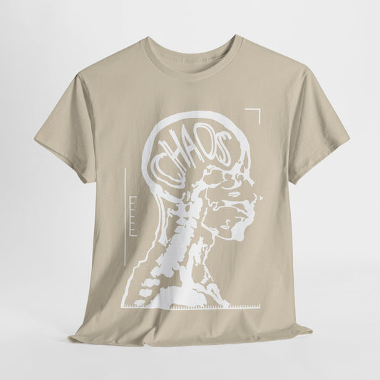 Elegant CHAOS Graphic Unisex T-Shirt in Premium Cotton with a unique beige background, highlighting an artistic X-ray depiction of a human head and the chaotic design of 'CHAOS' in bold white lettering.