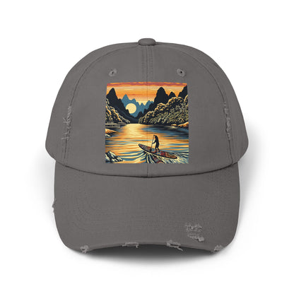 Unisex Distressed Paddleboarders Cap with Fantasy Design rendered in an elegant darker grey shade, highlighting stunning paddleboarding artwork inspired by tranquil water adventures.