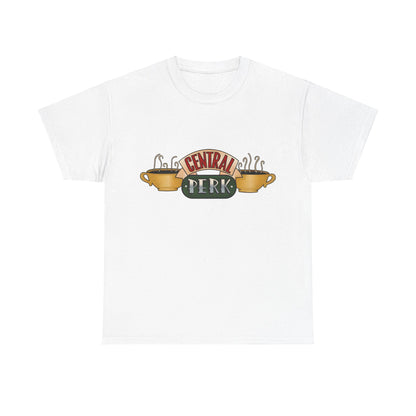 Central Perk Coffee Shop Friends Retro Logo Graphic Tee Unisex in white, elegantly displaying the Central Perk logo adorned with coffee cups, ideal for casual chic moments.