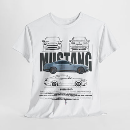 Luxury Ford Mustang GT T-Shirt featuring detailed technical drawings, showcasing front, rear, and side perspectives of the iconic muscle car, enhancing automotive design aesthetics for enthusiasts.