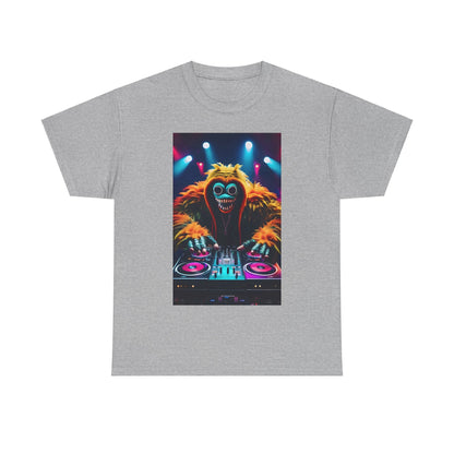 Street Monster Graphic T-Shirt in grey with an eye-catching DJ monster illustration, blending comfort with urban fashion.