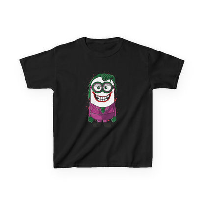 Minions Joker T-Shirt Kids display with a mischievous Minion styled as the Joker in vibrant colours and a purple outfit, a great choice for young fans. T Shirt, Funny, Minions.