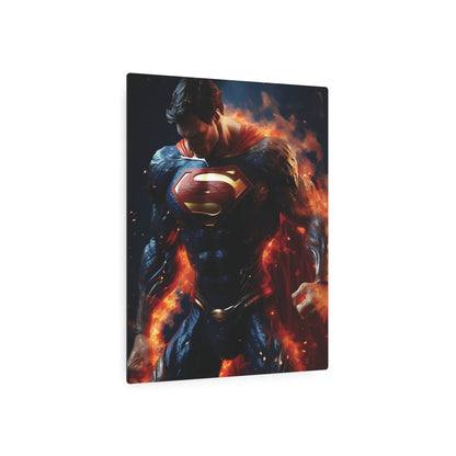 Sophisticated Superman Metal Art Poster depicting the legendary hero in a dynamic posture, illuminated by flames, made from high-quality aluminium to enhance your living space with style and inspiration.