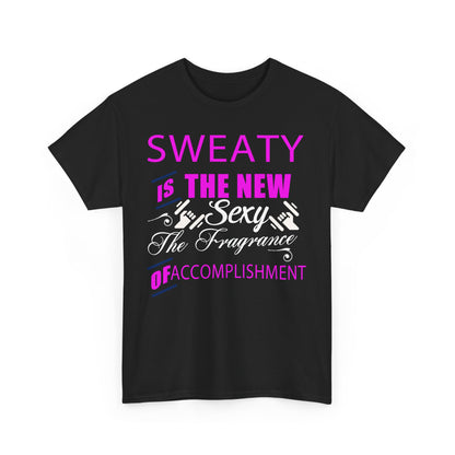 Front view of a chic black women's T-shirt with striking pink and white typography stating 'SWEATY IS THE NEW SEXY', designed for fitness lovers.