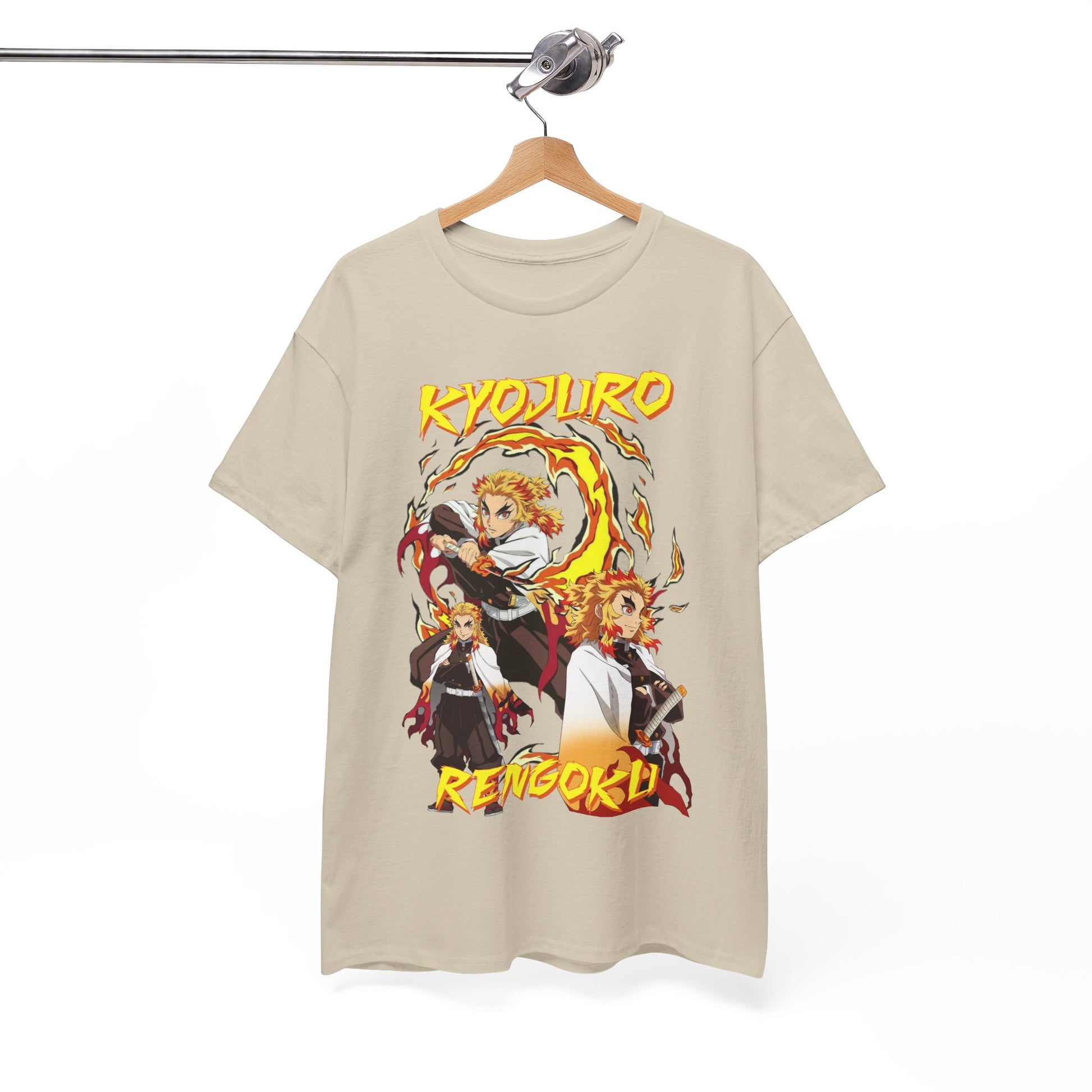 Trendy Kyojuro Rengoku t-shirt elegantly displayed on a hanger, showcasing a captivating flame design and bold typography, ideal for fashionable anime lovers.