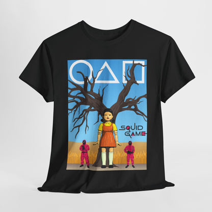 Luxurious black graphic tee featuring a striking design inspired by the hit series Squid Game, showcasing a girl with tree-like hair and two figures in pink, embodying a blend of humour and rebellion for fashion-forward individuals.