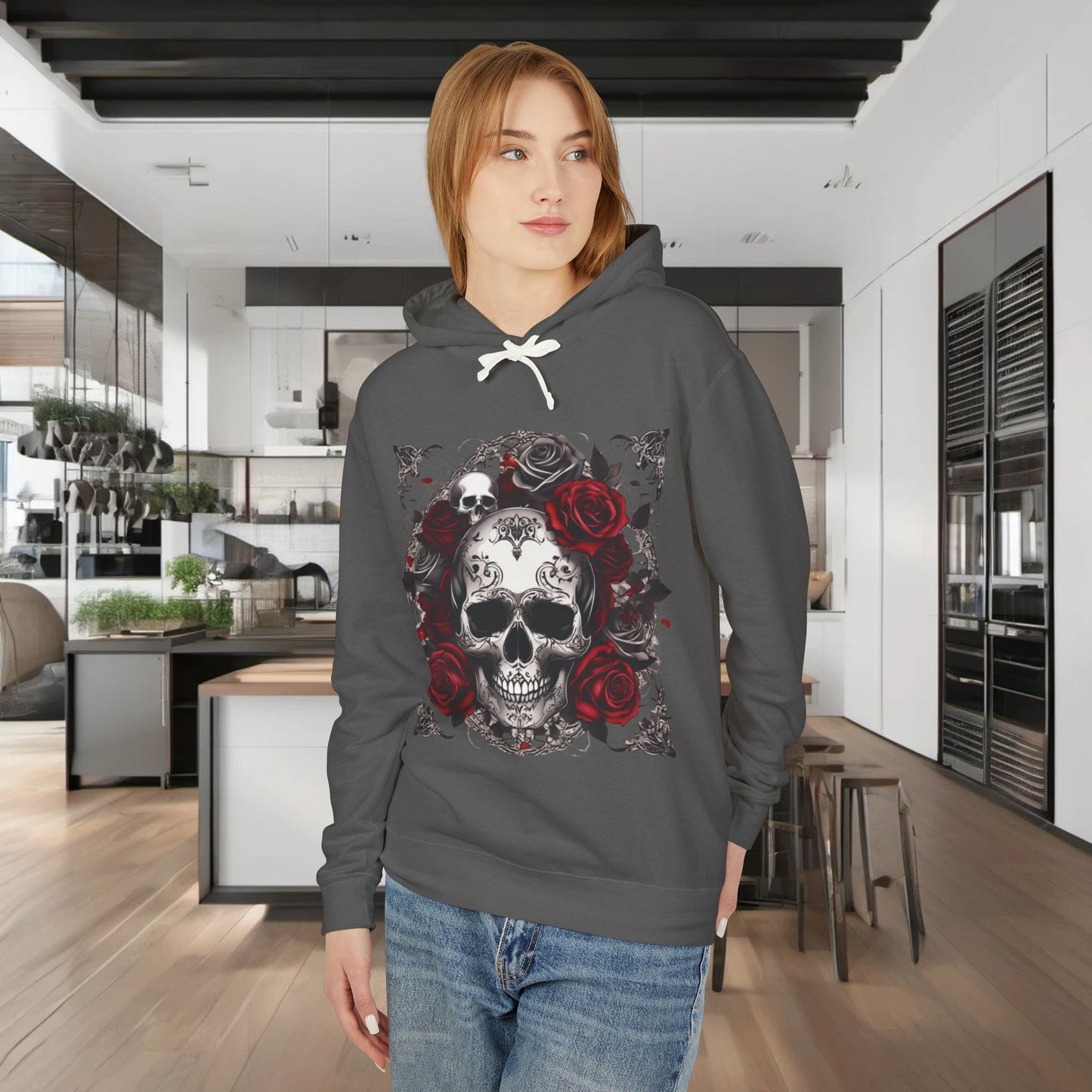 Unisex Lightweight Hooded Sweatshirt unique designer skull and roses