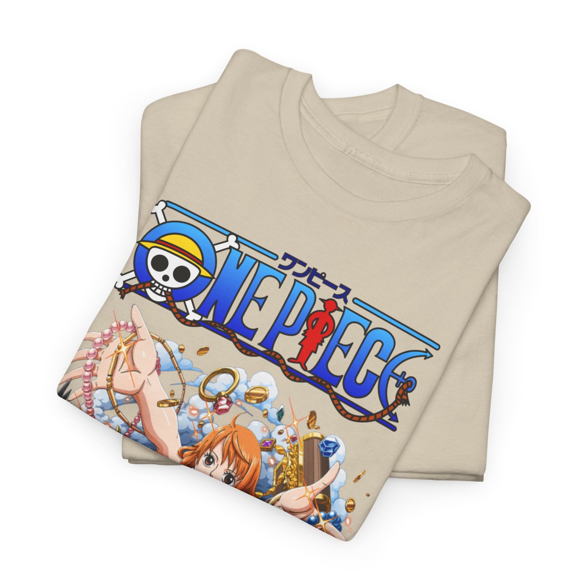 Folded beige T-shirts, showcasing the enchanting anime design of Nami from One Piece, perfect for stylish casual wear.