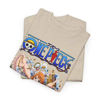 Folded beige T-shirts, showcasing the enchanting anime design of Nami from One Piece, perfect for stylish casual wear.