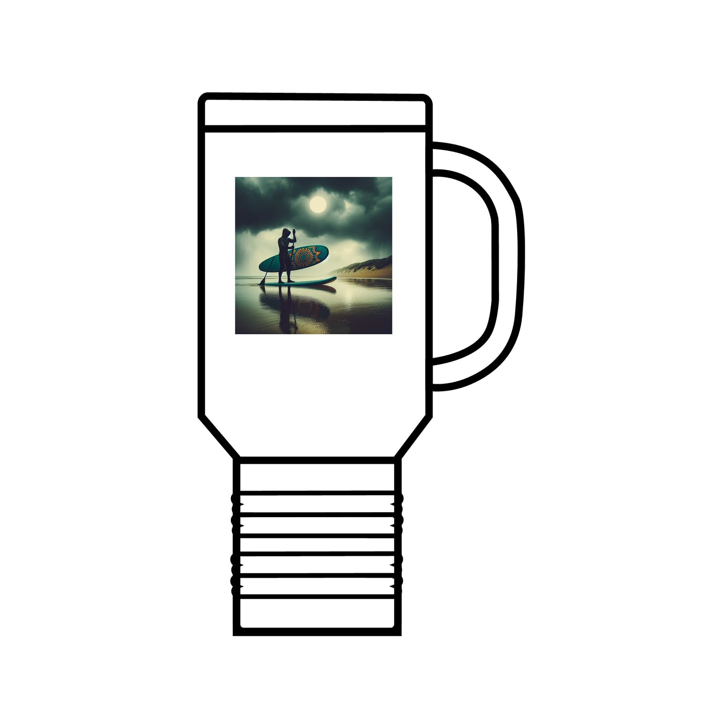 Fantasy Paddleboarding 40oz Insulated Stainless Steel Mug featuring a striking design of a paddleboarder on a serene shoreline, showcasing its ergonomic design and perfect for outdoor adventures.