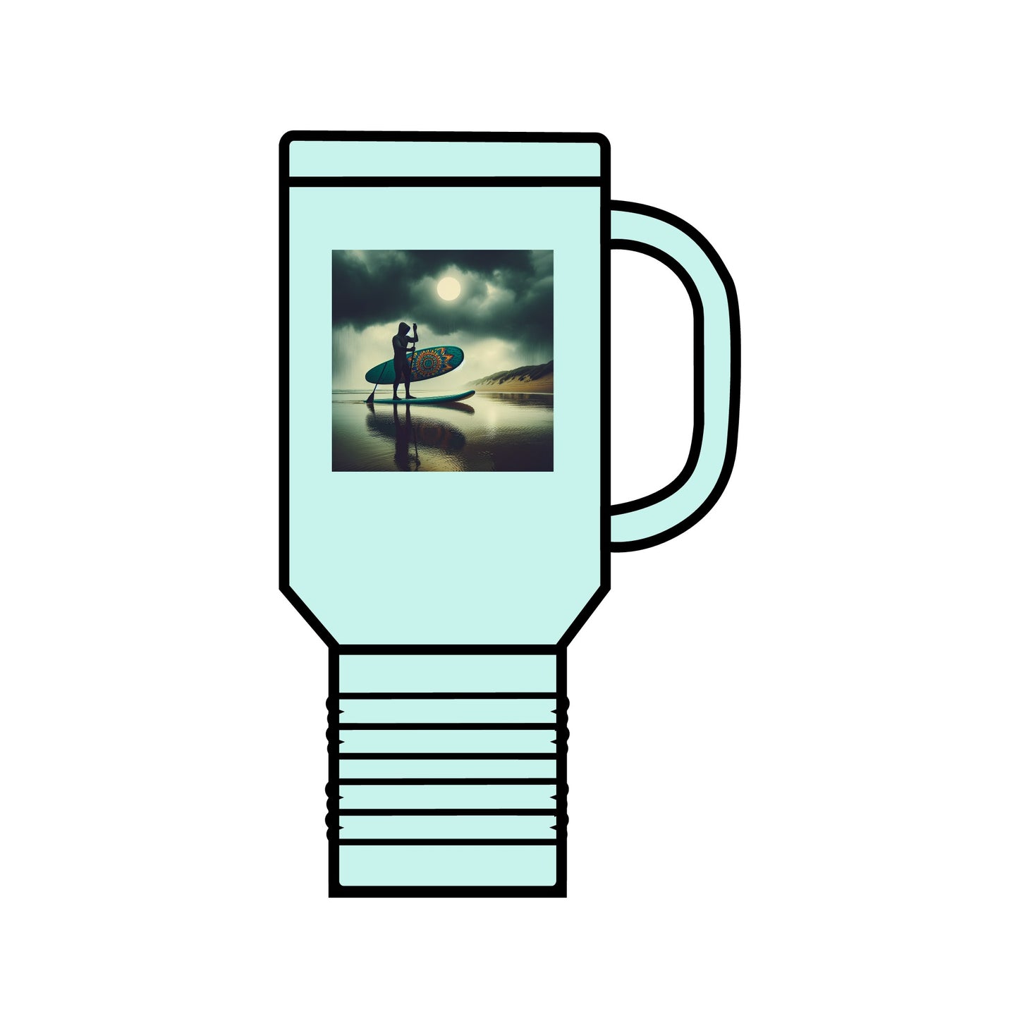 Fantasy Paddleboarding 40oz Insulated Stainless Steel Mug in elegant mint green, featuring double-wall insulation, ergonomic design, and an inspiring paddleboarding motif, perfect for those who appreciate adventure.