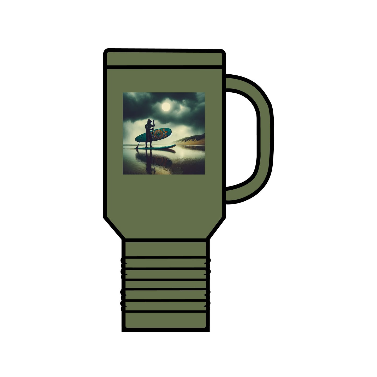 Fantasy Paddleboarding 40oz Insulated Stainless Steel Mug in olive green with double-wall insulation, ergonomic design, and a captivating paddleboarding graphic, perfect for outdoor enthusiasts.