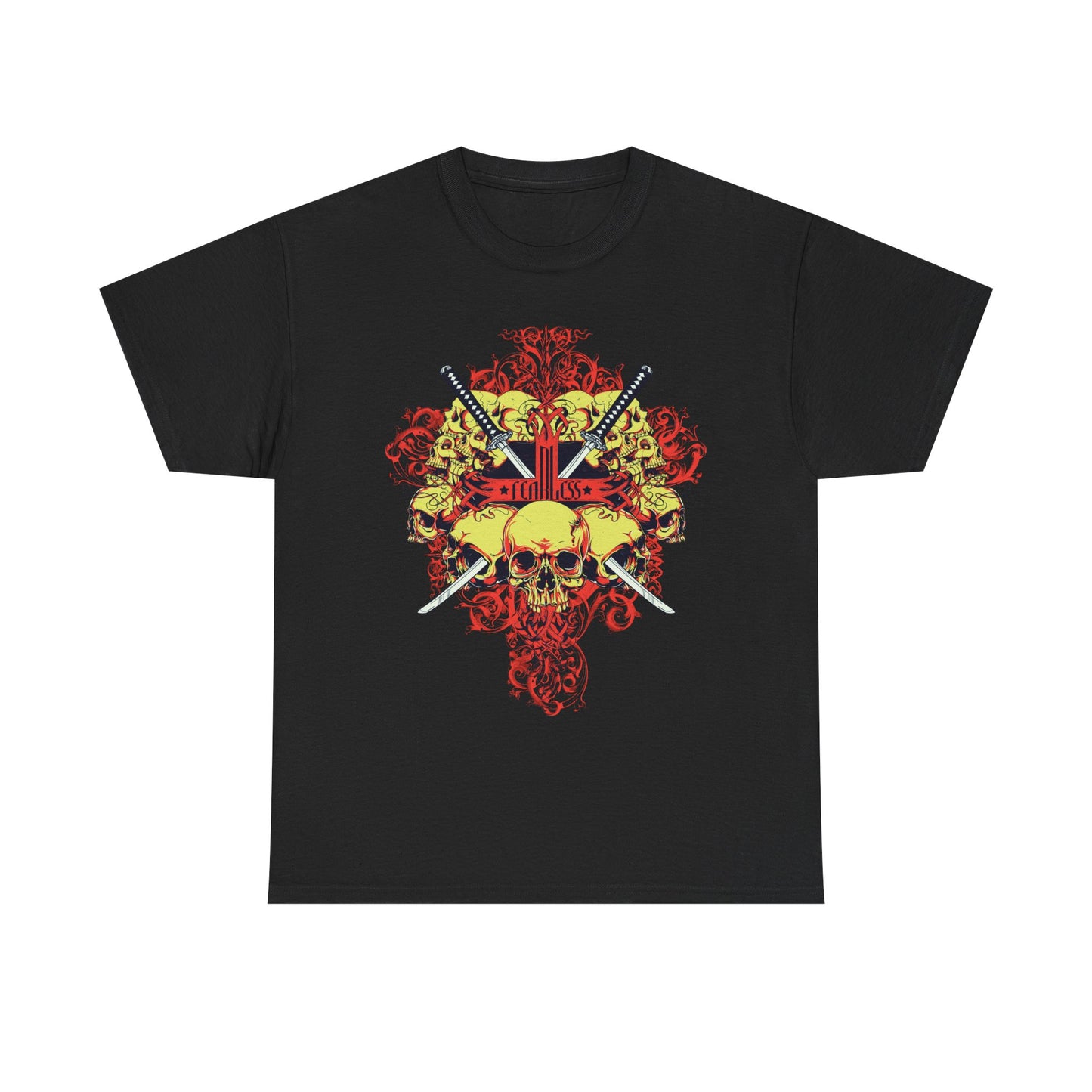 Elegant Fearless Samurai Swords Graphic Tee for Men in black, showcasing a captivating skull motif and artistic sword embellishments, ideal for a bold fashion statement.