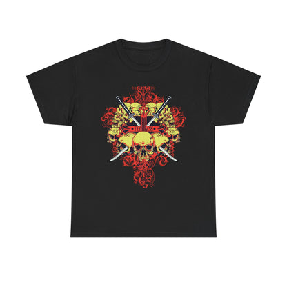 Elegant Fearless Samurai Swords Graphic Tee for Men in black, showcasing a captivating skull motif and artistic sword embellishments, ideal for a bold fashion statement.