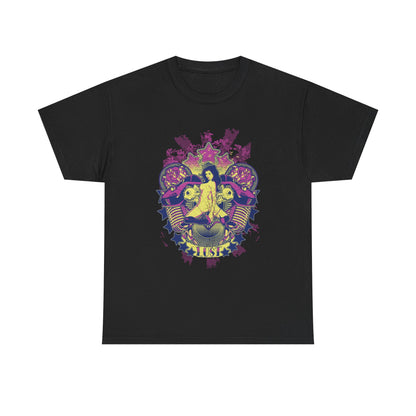 Elegant black men's t-shirt in retro punk style showcasing a captivating graphic design, rich in detail and colour, ideal for making a bold fashion statement.