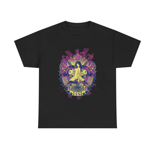 Elegant black men's t-shirt in retro punk style showcasing a captivating graphic design, rich in detail and colour, ideal for making a bold fashion statement.