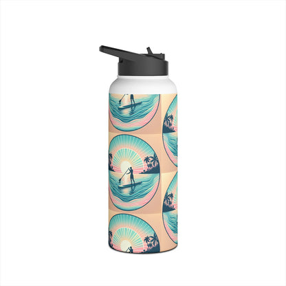 Sophisticated Fantasy Paddleboarding Stainless Steel Water Bottle displaying an artistic wave and paddleboarding scene, a luxurious choice for outdoor enthusiasts.