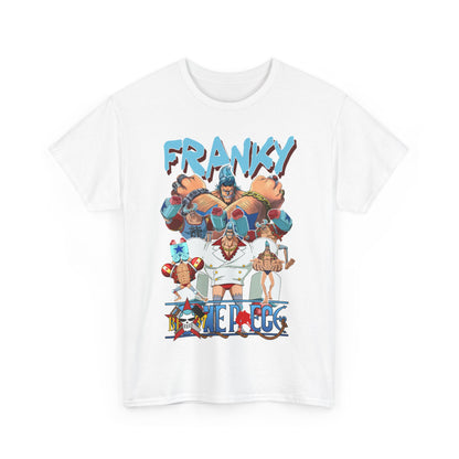 Luxurious white Franky & Crew T-Shirt displaying an intricate anime print of Franky and crew, ideal for collectors and fashion enthusiasts.