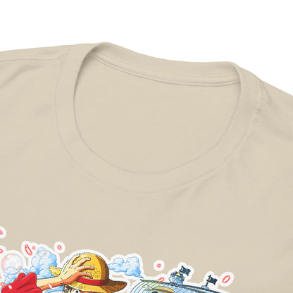 Close-up of the luxurious fabric collar of a beige men's t-shirt, highlighted by vivid anime-inspired prints, radiating comfort and style.