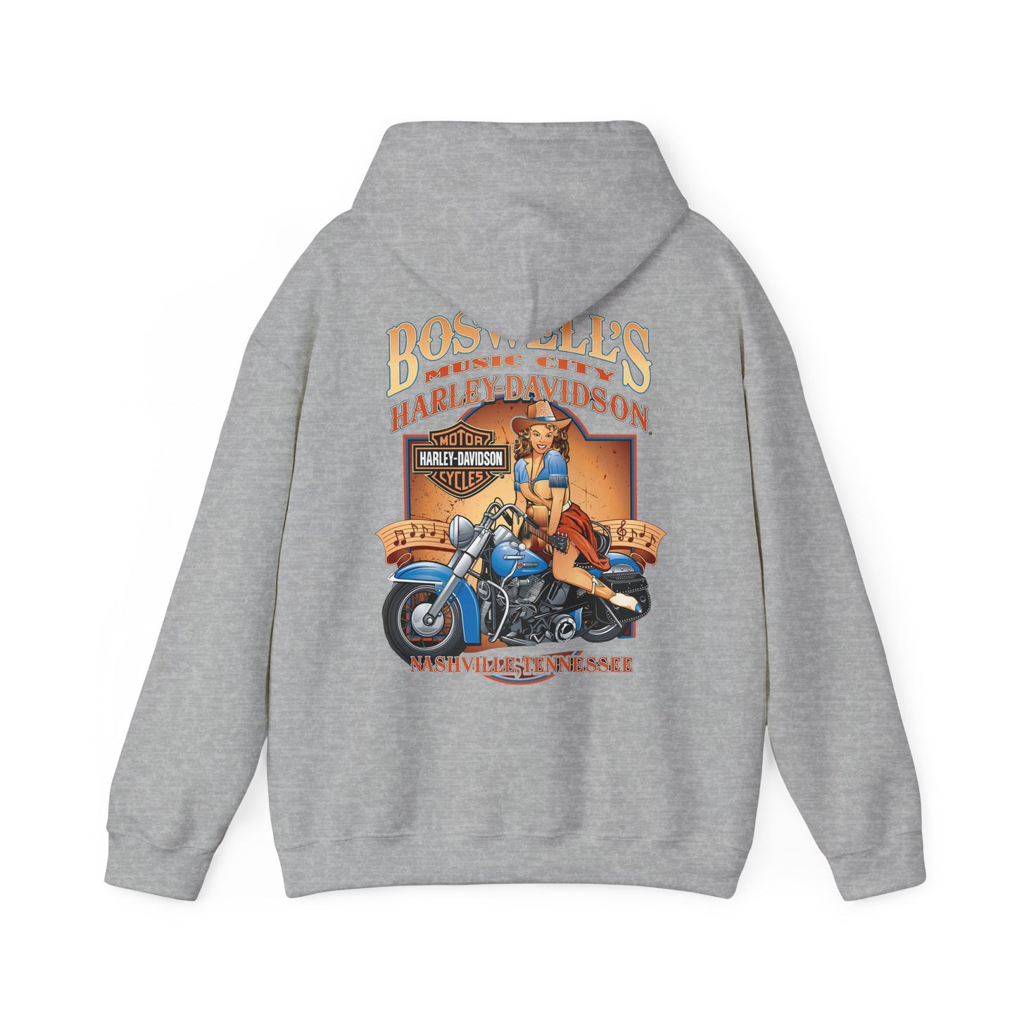 Sophisticated grey hoodie with a bold vintage illustration of a pin-up girl riding a blue motorcycle, enhanced by 'Boswell's Music City' and 'Harley-Davidson' branding, embodying a unique blend of comfort and luxury.