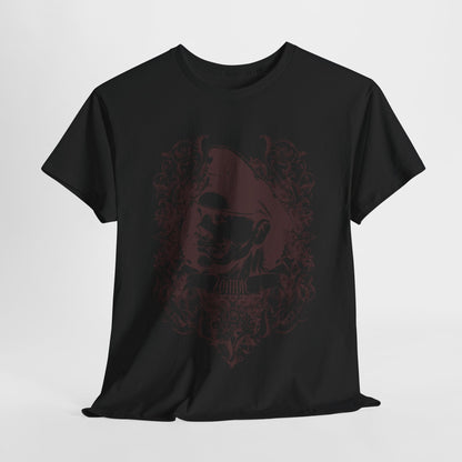 Dramatic front view of a chic black men's t-shirt featuring an intricate zombie design, embodying both elegance and rebellion.