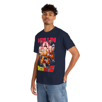 Stylish model wearing a navy Dragon Ball Z T-shirt adorned with an eye-catching Krillin design, embodying elegance and fandom.
