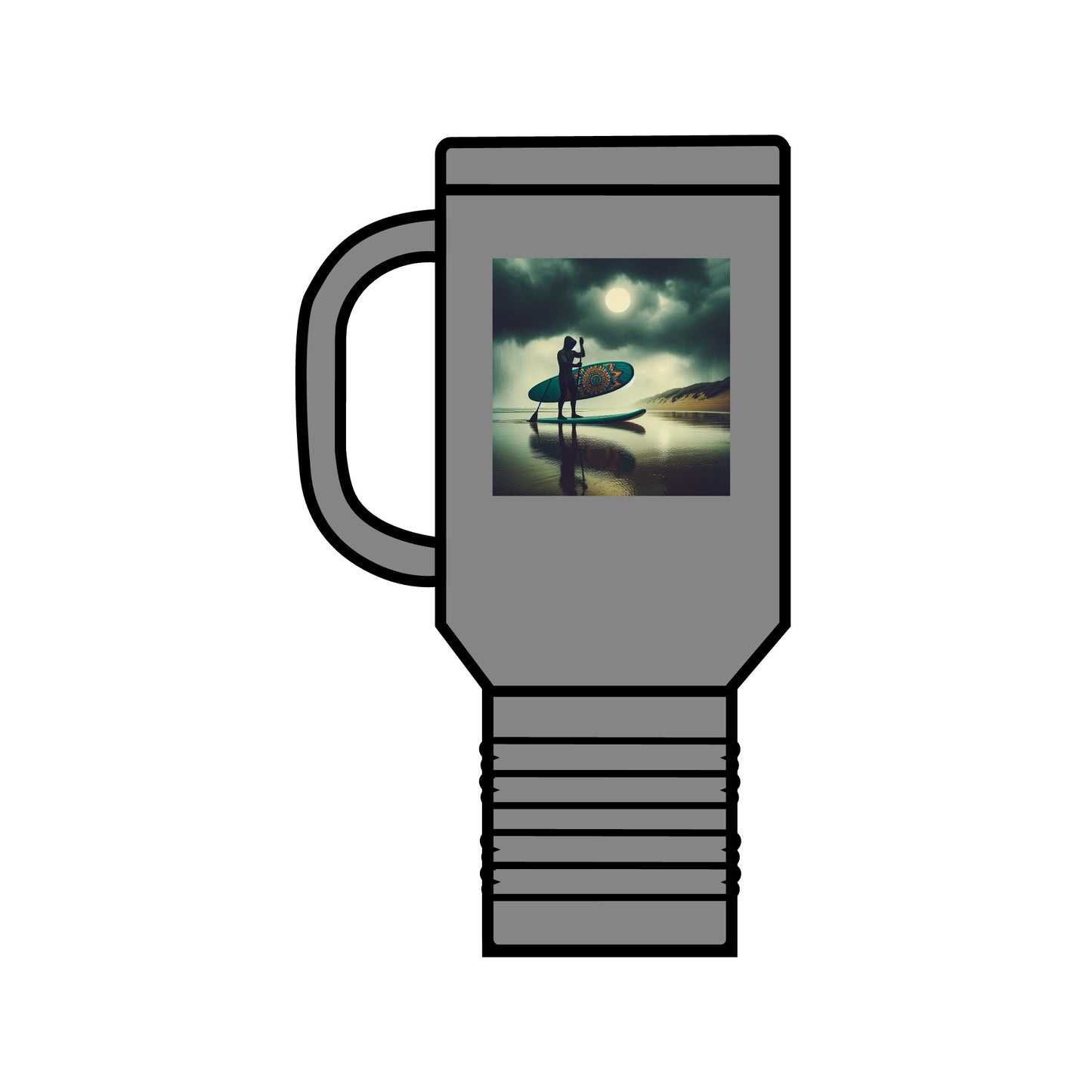 Elegant grey Fantasy Paddleboarding 40oz Insulated Stainless Steel Mug featuring a captivating paddleboarder design, ideal for refined hydration on-the-go.